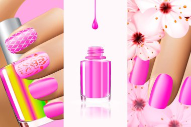 Yaz ve bahar için renkli pembe koleksiyonu tırnak tasarımları. 3D illüstrasyon vektör. Nailpolish cila reklamlar, tırnak cilası beyaz arka plan üzerinde sıçramak. Manikür moda reklam tasarımı için
