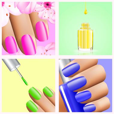 Çivi tasarımlar renkli gökkuşağı koleksiyonu 4 mevsim: İlkbahar Yaz, kış ve sonbahar. 3D illüstrasyon vektör. Nailpolish cila reklamlar, tırnak cilası sıçramak. Manikür moda reklam tasarımı için