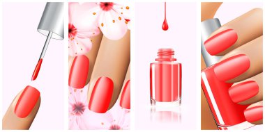 Yaz ve bahar için renkli kırmızı toplama tırnak tasarımları. 3D illüstrasyon vektör. Nailpolish cila reklamlar, tırnak cilası beyaz arka plan üzerinde sıçramak. Manikür moda reklam tasarımı için