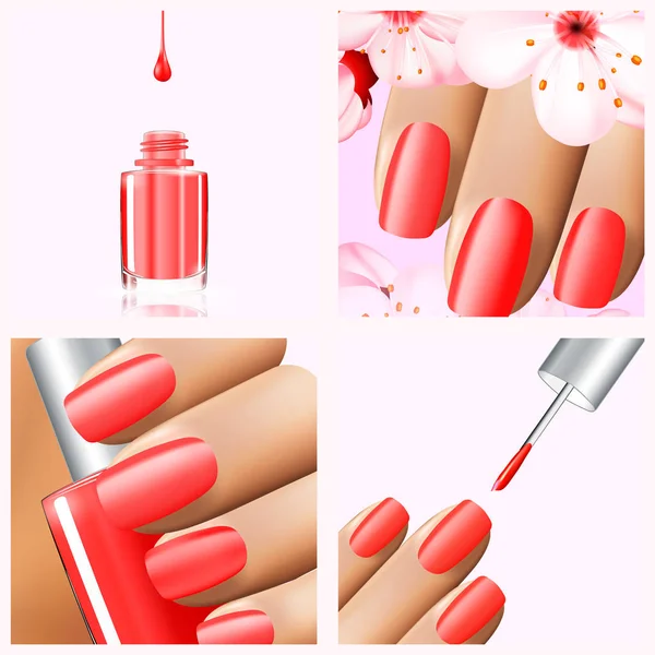 Colorful red collection of nail designs for summer and spring. Vector 3d illustration. Nailpolish lacquer ads, nail polish splatter on white background. Manicure vogue ads for design — Stock Vector