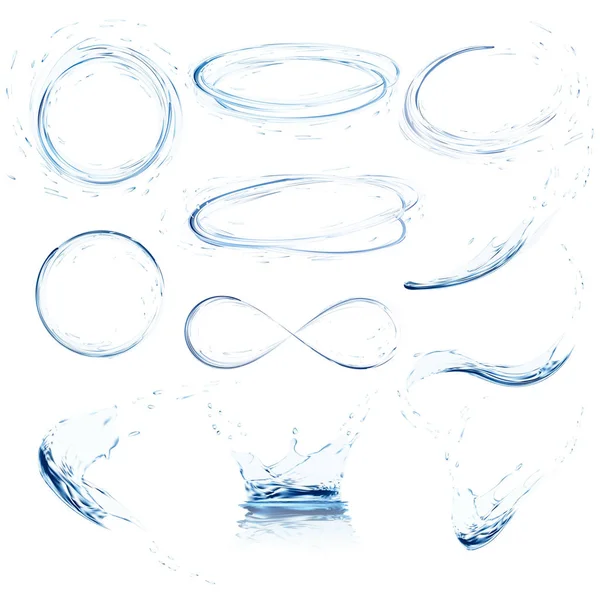 Jeu de éclaboussures d'eau transparentes, cercles, tourbillons, gouttes et couronne de tomber dans l'eau dans des couleurs bleu clair, isolé sur fond blanc . — Image vectorielle