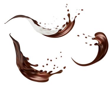 Beyaz arka plan üzerinde izole süt ve çikolata sıçramalarına vektör. dökme sıvı veya damla ve açıkları ile düşen milkshake. 3D çizim.