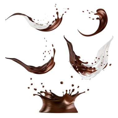 Beyaz arka plan üzerinde izole süt ve çikolata sıçramalarına vektör. dökme sıvı veya damla ve açıkları ile düşen milkshake. 3D çizim.