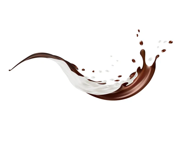 Milk and chocolate splashes vector isolated over white background. pouring liquid or milkshake falling with drops and blots. 3d illustration. — Stock Vector