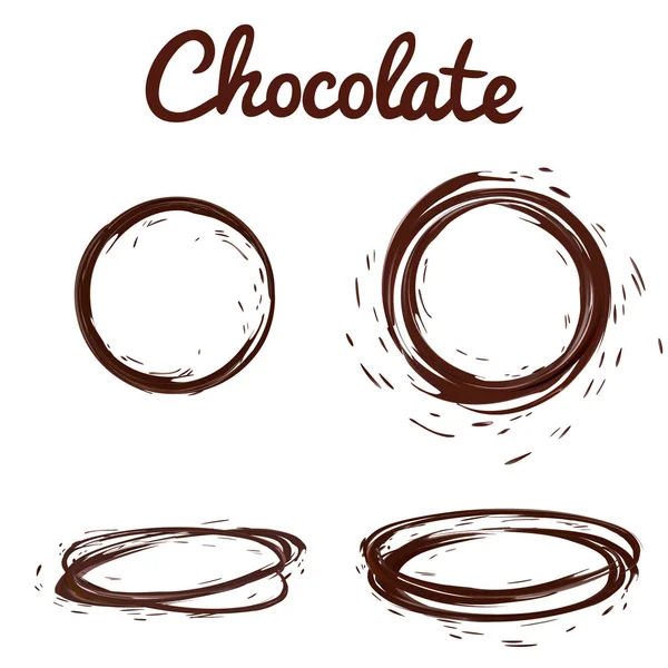 Set éclaboussures de chocolat. Café chaud brun ou rond chocolat éclaboussures avec gouttes et boulons sertis isolé sur fond blanc, illustration vectorielle 3d — Image vectorielle