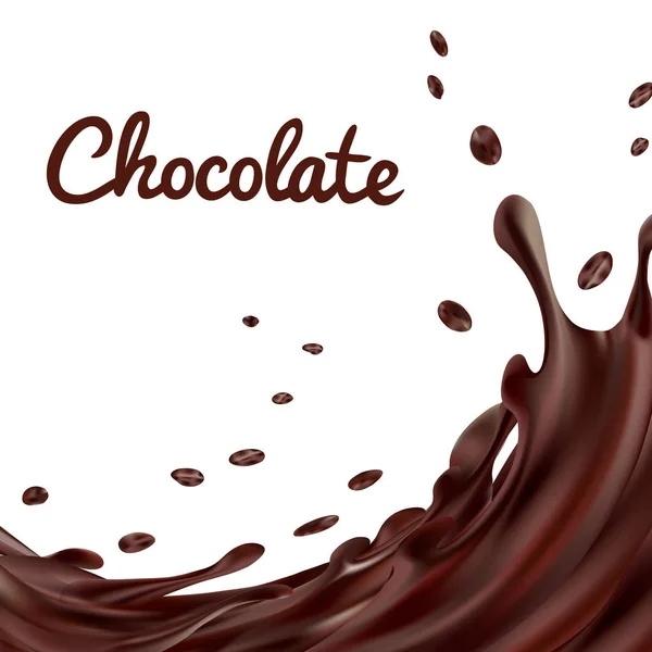 Chocolade spatten achtergrond. Bruin warme koffie of chocolademelk met druppels en bouten geïsoleerd op een witte achtergrond, vector 3d illustratie — Stockvector