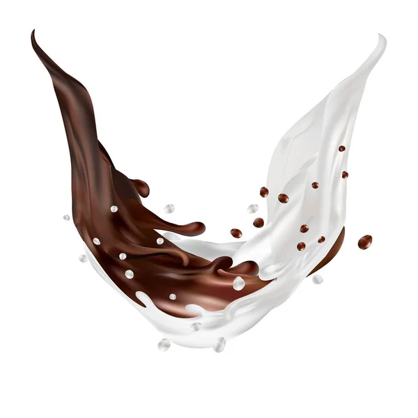 Mléko a čokoládu tryskající vektor izolované na bílém pozadí. lití tekuté nebo koktejl padající kapky a skvrny. 3D obrázek. — Stockový vektor