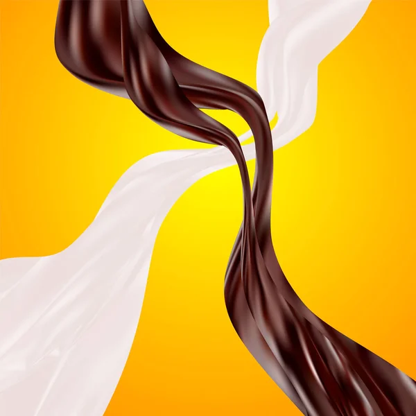 Leite e chocolate salpicos atravessar. Puro fluxo de dois líquidos doces e torção no ar. ilustração 3d vetor isolado. batidos de leite: fluidos ondulados brancos e castanhos —  Vetores de Stock