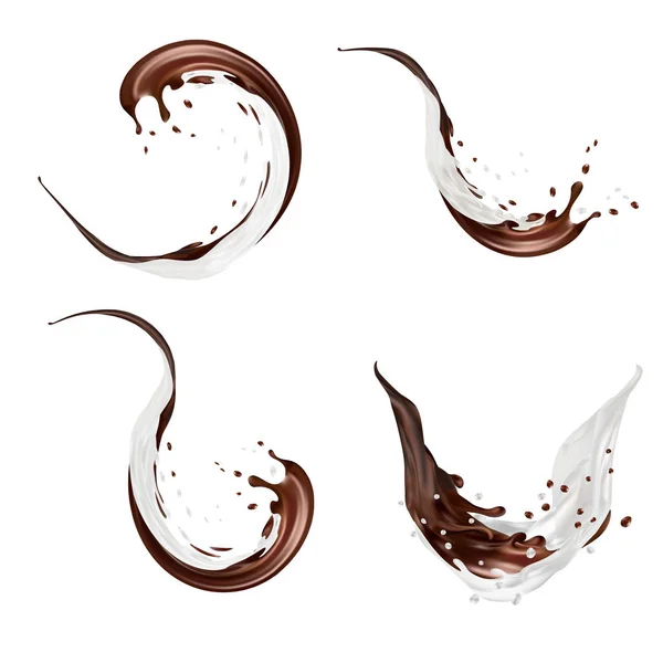 Leite e chocolate espirra vetor isolado sobre fundo branco. verter líquido ou batido caindo com gotas e manchas. ilustração 3d . — Vetor de Stock