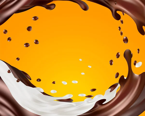 Tej- és csokoládé fröccsenő vektor elszigetelt felső narancssárga háttérrel. szakadó folyékony vagy turmix eső csepp és blotokról készült fényképeket. 3D-s illusztráció. — Stock Vector