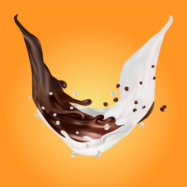 Mléko a čokoládu tryskající vektor izolované oranžové pozadí. lití tekuté nebo koktejl padající kapky a skvrny. 3D obrázek. — Stockový vektor