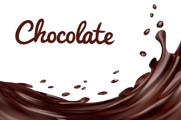 El chocolate salpica el fondo. Café caliente marrón o chocolate con gotas y pernos aislados sobre fondo blanco, vector 3d ilustración — Vector de stock