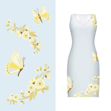 Vektör nakış, kelebek, çiçek desenli bırakır ve klasik kadın elbise mockup üzerinde yükseldi. Vektör çizim. Süslü tasarlamak çizilmiş. Açık mavi altın. Japon tarzı