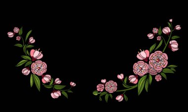 Nakış etnik çiçekler, hatta tasarım moda giyen. Vektör vintage, nakış, yamalar ve çıkartmaları için dekoratif unsur. Siyah arka plan gül.