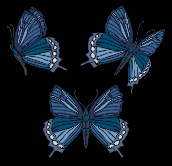 Stickerei ethnischen Schmetterling, Linie Design Mode tragen. Vektor Vintage, dekoratives Element für Stickereien, Patches und Aufkleber Set von Schmetterlingen in verschiedenen Ansichten — Stockvektor
