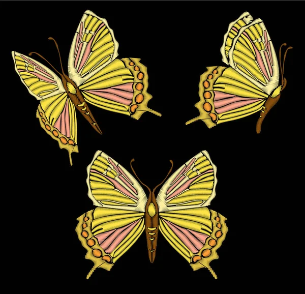 Вышивка этническая бабочка, линия дизайн одежды. Vector vintage, decorative element for embroidery, patches and stickers Set of butterflies in different views — стоковый вектор