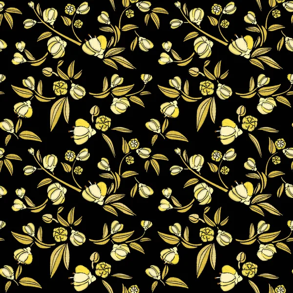 Seamless mönster av guld små blommor som piones på en svart bakgrund. Broderi etnisk blommig bakgrund. line design mode bär. Vector vintage, dekorativt element för patchar och klistermärken — Stock vektor