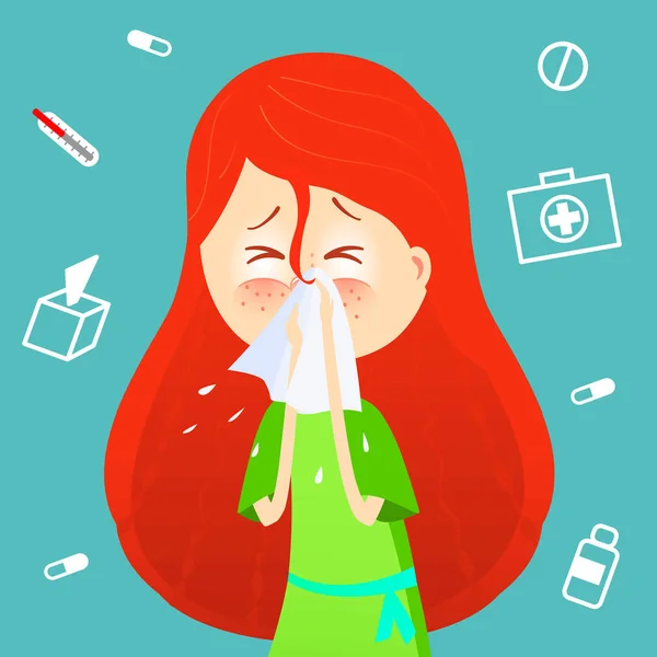 Sick girl. Allergy kid sneezing. Vector cartoon illustration. ill child with flu or virus. Health care concept. Runing noise symptom. infographic poster. Season allergy — Stock Vector