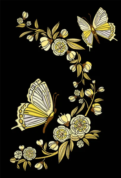 Вышивка этнические цветы и бабочка, линии дизайн одежды. Vector vintage, decorative element for embroidery, patches and stickers. Goldwork — стоковый вектор
