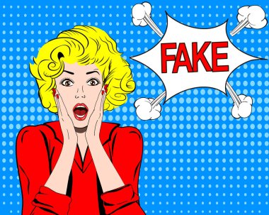 Sahte Haberler, Hoax kavramı. Genç sarışın kadın şok ve şaşırttı. Pop sanat illüstrasyon.