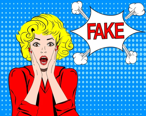 Fake News, Falschmeldung. junge blonde Frau schockiert und überrascht. Pop-Art-Illustration. — Stockvektor