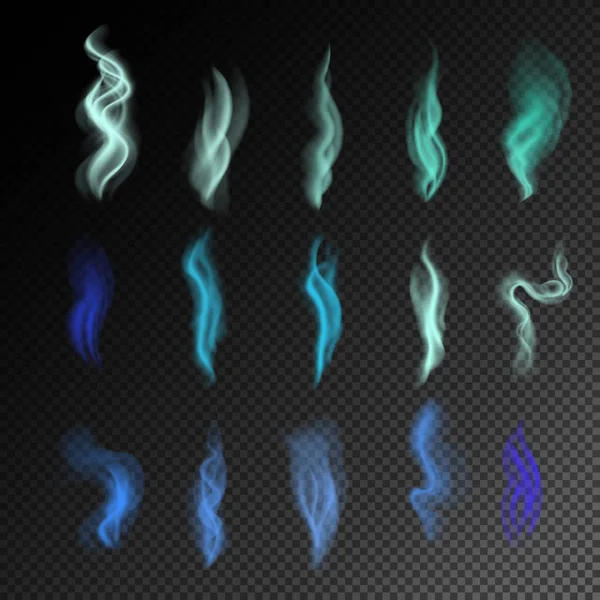 Fumo colorido sobre fundo preto isolado. conjunto de fumaça azul realista. Ilustração 3d. vector. criado com malha gradiente . —  Vetores de Stock