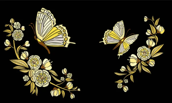 Bordado flores étnicas e borboleta, linha design moda vestindo. Vector vintage, elemento decorativo para bordados, adesivos e adesivos. Obras de ouro —  Vetores de Stock