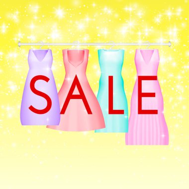 Canlı parti elbise ile yaz satış arka plan. Vektör arka plan afiş, poster, afiş, kartı, kartpostal, kapak, broşür için. Satılık metin ile dört balo elbiseler. Düğün elbise temizleme indirim.