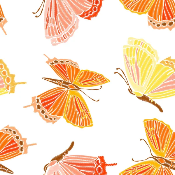 Vintage nahtlose Muster: Vogel, Schmetterling isoliert auf dem Hintergrund. Imitation von Stickereien. handgezeichnete Vektorillustration, getrennte editierbare Elemente. — Stockvektor
