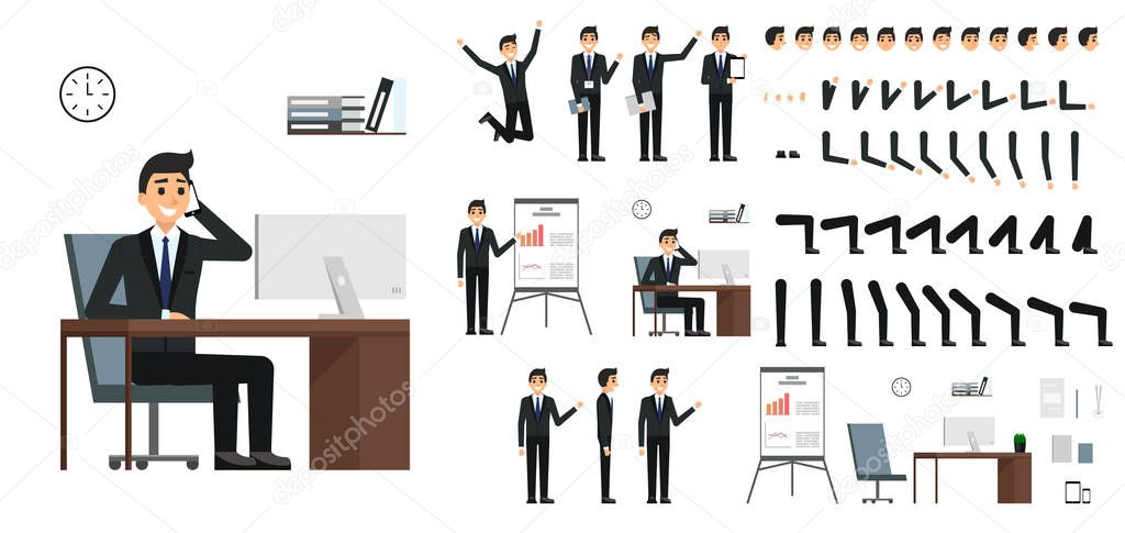 Character vector set. Male businessman character design in flat design isolated. Emotions, face, leg and arms and other parts for animation creation