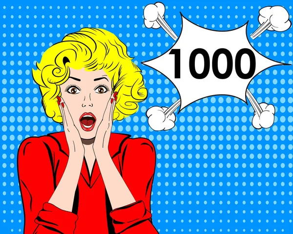 Bin takipçileri online sosyal medya başarı. Şaşırmış kız. pop art tarzı