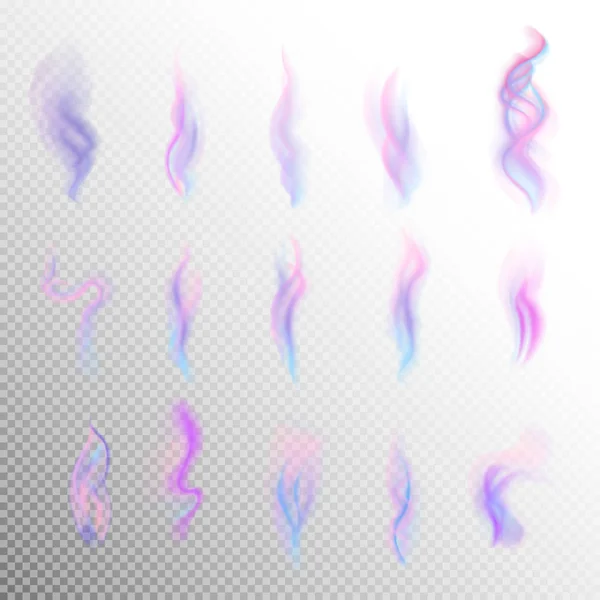 Bunter Rauch auf weißem Hintergrund isoliert. abstrakter realistischer lila violettblauer Rauch gesetzt. 3D-Illustration. Vektor. Erstellt mit Gradientennetz. — Stockvektor