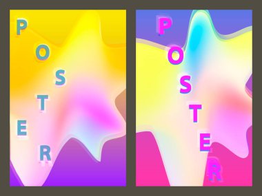 Poster neon geometrik desenli. Holografik renkli grafik arka planlar. Retro afiş, el ilanı, broşür, poster. Vektör şablonu.