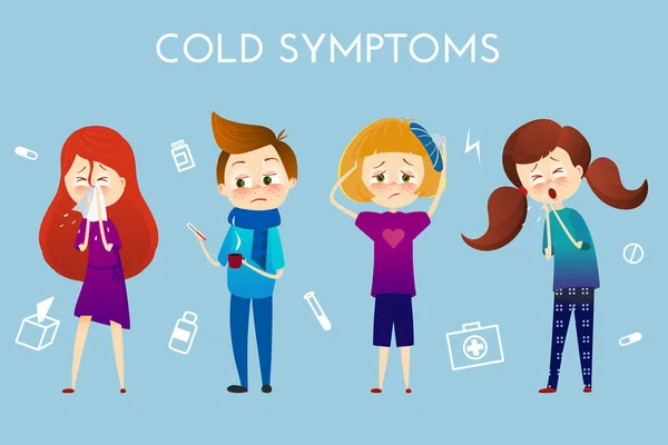 Άρρωστο παιδί με πυρετό, ασθένεια. Αγόρι και κορίτσι με φτάρνισμα, υψηλής θερμοκρασίας, πονόλαιμο, φωτιά, βήχας, πονοκέφαλος, στυλ καρτούν εικονογράφηση διάνυσμα. Ασθένειας του παιδιού με νόσο. κρύο συμπτώματα γρίπης. — Διανυσματικό Αρχείο