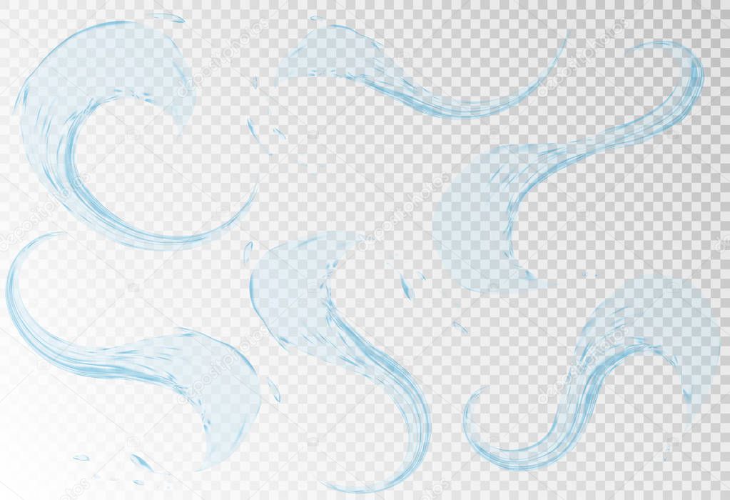 Set of transparent water splashes, aqua drops in light blue colors, isolated on transparent background. Transparency only in vector file. created with gradient mesh.