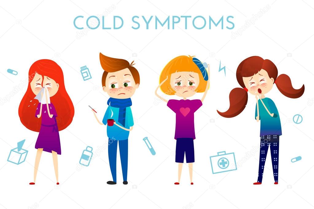 Sick child with fever, illness . Boy and girl with sneeze, high