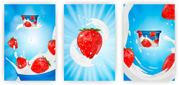 Set promozionale latte o yogurt alla fragola 3d. spruzzi di latte con frutti isolati su fondo blu. pubblicità istantanea farina d'avena, sfondo campo aperto, illustrazione 3d — Vettoriale Stock