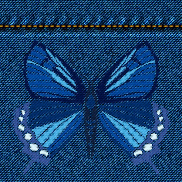 Bestickter Schmetterling über Jeans-Hintergrund. isolieren auf Denim-Textur. Vektorillustration. — Stockvektor