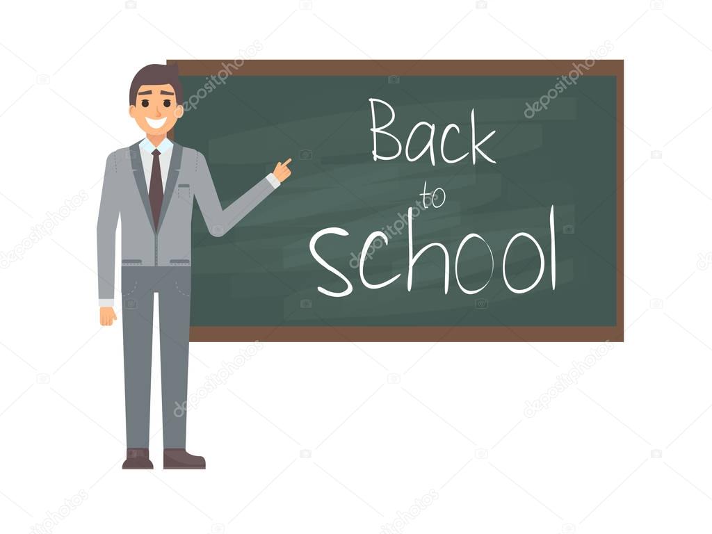 Young male teacher against blackboard in classroom isolated on white. Professor showing on boardon on lesson. Flat vector illustration. Back to school concept.