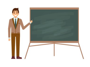 Yazı tahtası beyaz izole sınıfta karşı genç erkek öğretmen. Boardon üzerinde ders üzerinde gösterilen Profesör. Düz vektör çizim. Geri okul kavramı.