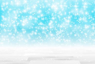 Parlak ışıklar arka plan önünde boş ahşap masa. De-odaklı bulanık mavi zemin. Ürün mock up için hazır veya montaj görüntülemek.