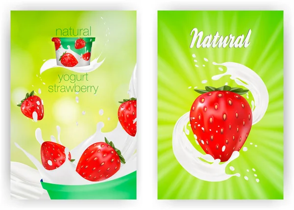 Conjunto de promoción de sabor de yogur de leche o fresa 3d. salpicadura de leche con frutas aisladas en el fondo verde de la naturaleza. publicidad de avena instantánea, fondo de campo abierto, ilustración 3d — Archivo Imágenes Vectoriales