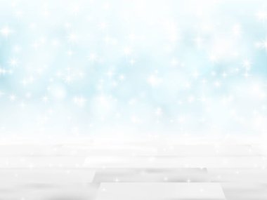 Parlak ışıklar arka plan önünde boş ahşap masa. De-odaklı bulanık mavi zemin. Ürün mock up için hazır veya montaj görüntülemek.