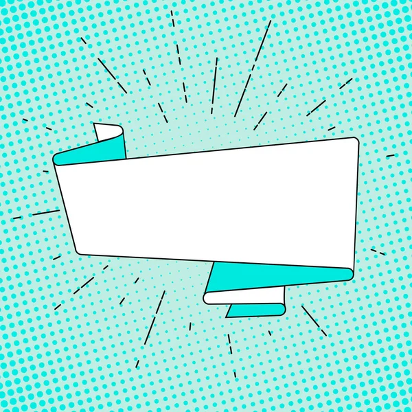 Eski vintage şerit afiş ve ışınları veya kuvvetli güneş ışığı doğrusal çizim. El modaya uygun bir tasarım öğesi vektör çekilmiş. Pop art lekeli arka plan. düz stil. Afiş, el ilanı, broşür, afiş, web için şablon.