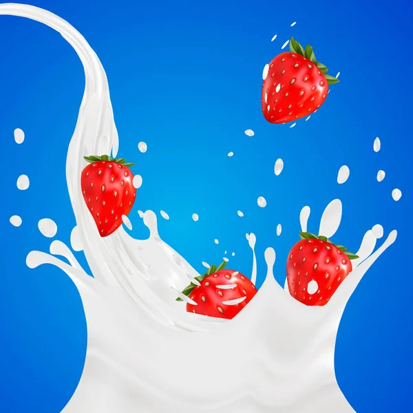 Promoción del sabor del yogur de fresa 3d. salpicadura de leche con frutas aisladas en azul. corona de producto diaria . — Vector de stock