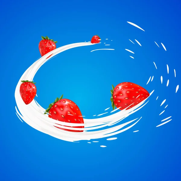 Promoción del sabor del yogur de fresa 3d. salpicadura de leche con frutas aisladas en azul. remolino diario del producto . — Vector de stock