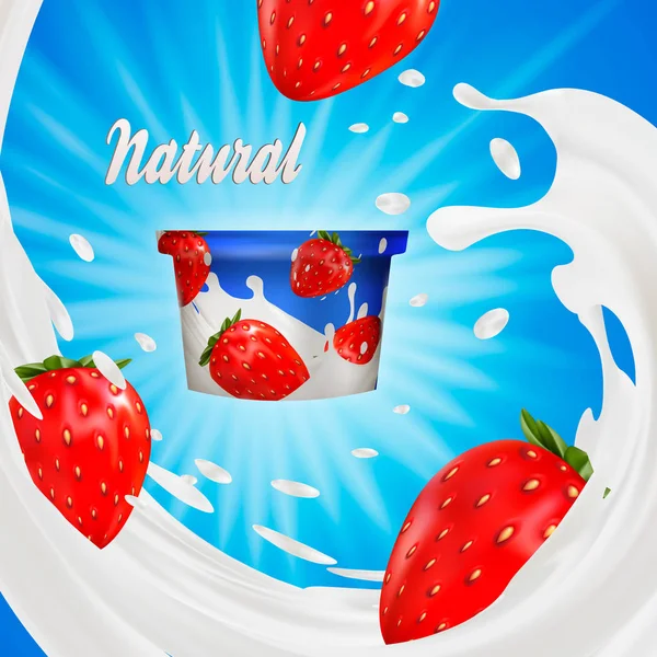 Süt reklam veya 3d çilekli yoğurt lezzet promosyon. süt sıçrama mavi izole meyve ile. anlık yulaf ezmesi reklam, açık alan arka plan, 3d çizim
