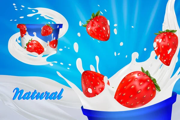Просування смаку молока або 3d полуничного йогурту. молочні бризки з фруктами ізольовані на синьому. миттєва реклама вівсянки, фон з відкритим полем, 3d ілюстрація — стоковий вектор