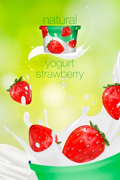 Milk ad or 3d strawberry yogurt flavour promotion. milk splash with fruits isolated on green nature background. instant oatmeal advertising, open field background, 3d illustration — Stock Vector