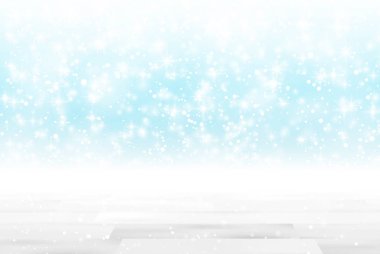 Parlak ışıklar arka plan önünde boş ahşap masa. De-odaklı bulanık mavi zemin. Ürün mock up için hazır veya montaj görüntülemek.